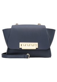 Mörkblå läder crossbody-väska med strukturerad design, lockstängning och guldfärgad hårdvara. Inkluderar en avtagbar rem och slät yta.