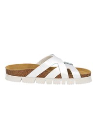 Sandale blanche avec semelle en liège, présentant des brides croisées et une semelle texturée blanche. Une boucle en métal ajoute un détail au design.