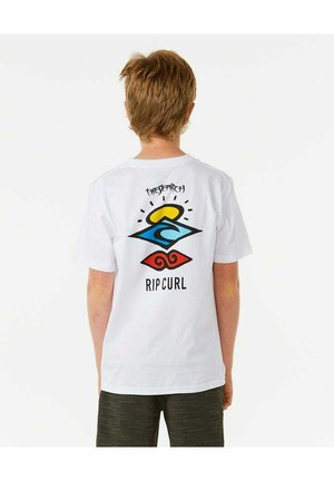 Weißes Baumwoll-T-Shirt mit einem bunten Grafikdesign auf der Rückseite, das Sonnen-, Wellen- und Spiraldesigns zeigt, sowie dem schwarzen Text "RIP CURL".