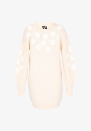 Kreemivärviised sviiter ümmarguse kaelusega, dekoreeritud tekstuursete valgete lillemustritega, millel on balloonse varrukad ja soonikkant.