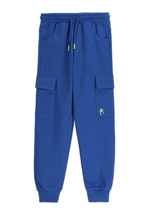 Niebieskie spodnie jogger cargo z elastycznymi ściągaczami, ściągaczem w pasie, bocznymi kieszeniami z klapą i małym zielonym logo skateboardzisty na prawej nogawce.