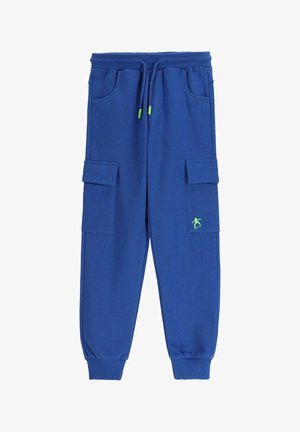 Niebieskie spodnie jogger cargo z elastycznymi ściągaczami, ściągaczem w pasie, bocznymi kieszeniami z klapą i małym zielonym logo skateboardzisty na prawej nogawce.