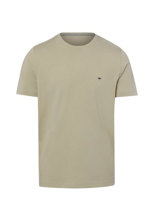 Beige Kurzarm-T-Shirt mit Rundhalsausschnitt und kleinem dunklem Baum-Logo auf der linken Brust, schlichtes Design.