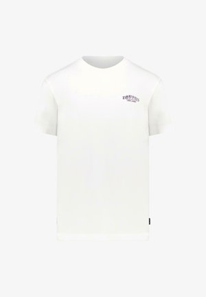 Witte T-shirt met korte mouwen en ronde hals, voorzien van een klein donker logotekstje op de linkerbovenborst en een klein zijlabel.