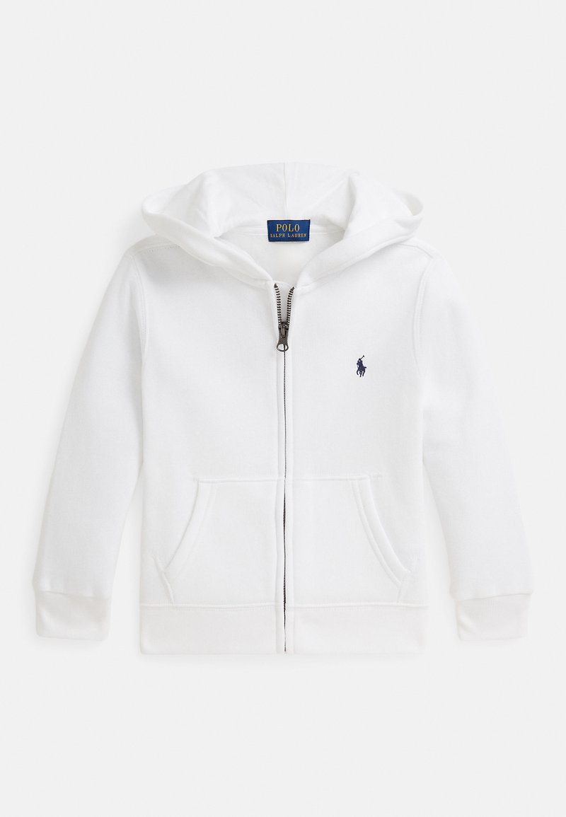 Hvit hettejakke med glidelås laget av mykt stoff. Har en frontglidelås, to sidelommer og en logo brodert på venstre bryst. Hettedesign.