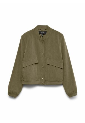 Olive green cropped jacket with a ribbed collar, two flap pockets, and buttons. The fabric has a subtle texture, creating a casual look.