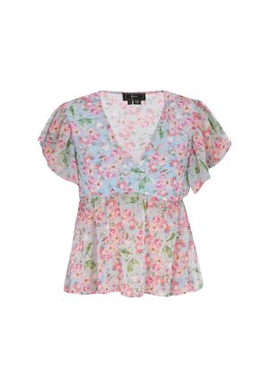 Cvetna bluzica z V-izrezom, kratkimi razkošnimi rokavi in elastičnim pasom. Narejena iz lahkega materiala z modro podlago in rožnatimi ter zelenimi cvetovi.
