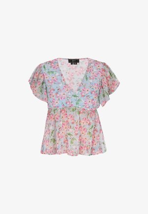 Cvetna bluzica z V-izrezom, kratkimi razkošnimi rokavi in elastičnim pasom. Narejena iz lahkega materiala z modro podlago in rožnatimi ter zelenimi cvetovi.