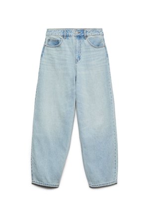 Heledad sinine denim naisest suits, millel on mugav lõige, kõrge talje ja laied jalad, kergelt kulunud tekstuuri ja klassikaline viie taskuga disain.