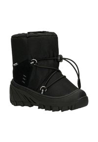 Stivale invernale isolato nero con tomaia in tessuto testurizzato, chiusura con lacci, suola in gomma e collo imbottito per il calore.