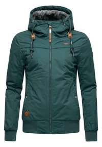 Veste isolée turquoise avec zip, capuche, cordons de serrage et doublure en fausse fourrure. Présente des accents en cuir et des poignets côtelés. Deux poches latérales.