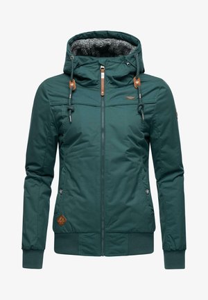 Veste isolée turquoise avec zip, capuche, cordons de serrage et doublure en fausse fourrure. Présente des accents en cuir et des poignets côtelés. Deux poches latérales.