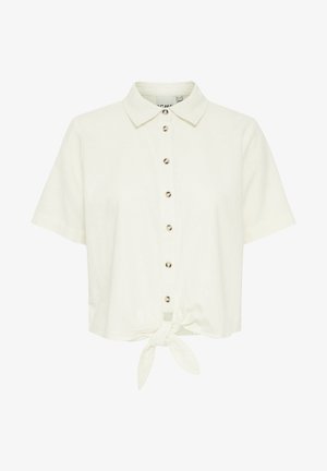 Kremna kratkodlaka srajca iz lahkega materiala, z ovratnikom, sprednjim gumbom in vozlom na robu.