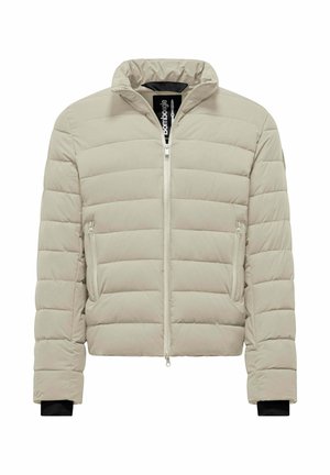 Lichtbeige gewatteerde jas met horizontale quilt, opstaande kraag en ritssluiting aan de voorkant. Voorzien van twee zijzakken en zwarte accenten op de mouwen.