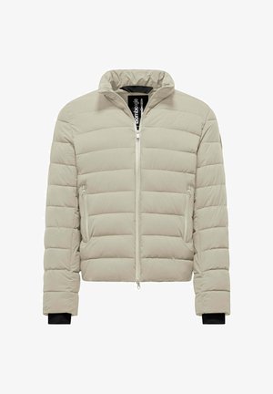 Helle beige Pufferjacke mit horizontaler Steppung, Stehkragen und Reißverschluss vorne. Verfügt über zwei Eingrifftaschen und schwarze Akzente an den Bündchen.