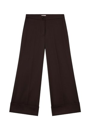 Pantaloni a gamba larga in tessuto marrone scuro, con chiusura a un bottone, pieghe nette e risvolti. Tessuto liscio e design sartoriale.
