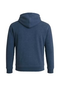 Felpa con cappuccio blu navy realizzata in tessuto morbido; presenta un cappuccio con cordino e polsini e orlo a costine con una superficie liscia e strutturata.