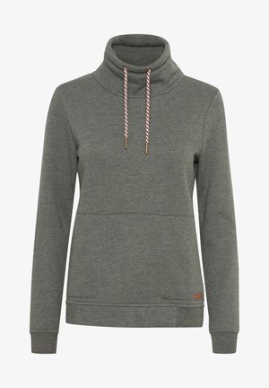 Suéter gris con cuello alto, que presenta un cordón con puntas doradas, puños de canalé y un bolsillo delantero. Fabricado en un suave tejido texturizado.