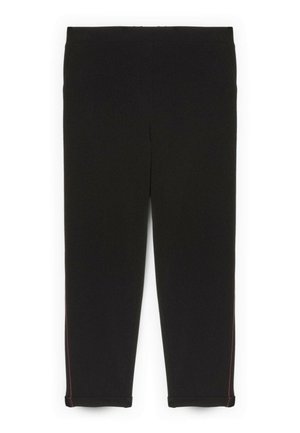 Pantaloni neri con un design a gamba dritta, caratterizzati da una texture liscia e una striscia laterale rossa a contrasto. Senza hardware visibile né tasche.