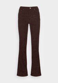 Calças de veludo cotelê castanhas com uma textura suave, bolsos frontais e fecho com botão, apresentando uma cintura ajustada e bainhas mais largas.