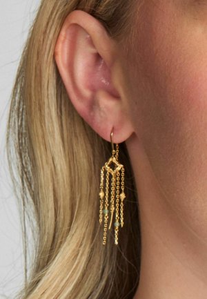 Cercei de culoare aurie cu lanțuri atârnătoare și accente decorative mici cu mărgele verzi deschise. Design elegant și rafinat.