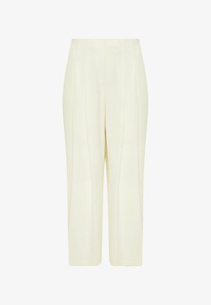 Crèmekleurige broek met hoge taille en brede pijpen, voorzien van voorplooien en een verborgen sluiting aan de voorkant, gemaakt van lichtgewicht materiaal.