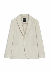 Blazer para hombre de color beige claro con textura, solapa con muesca, dos bolsillos parche frontales, dos botones y una etiqueta negra de BOSS en el interior del cuello.