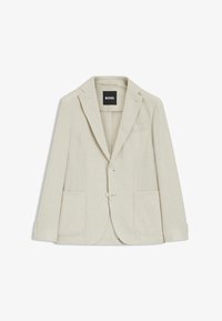 Blazer para hombre de color beige claro con textura, solapa con muesca, dos bolsillos parche frontales, dos botones y una etiqueta negra de BOSS en el interior del cuello.