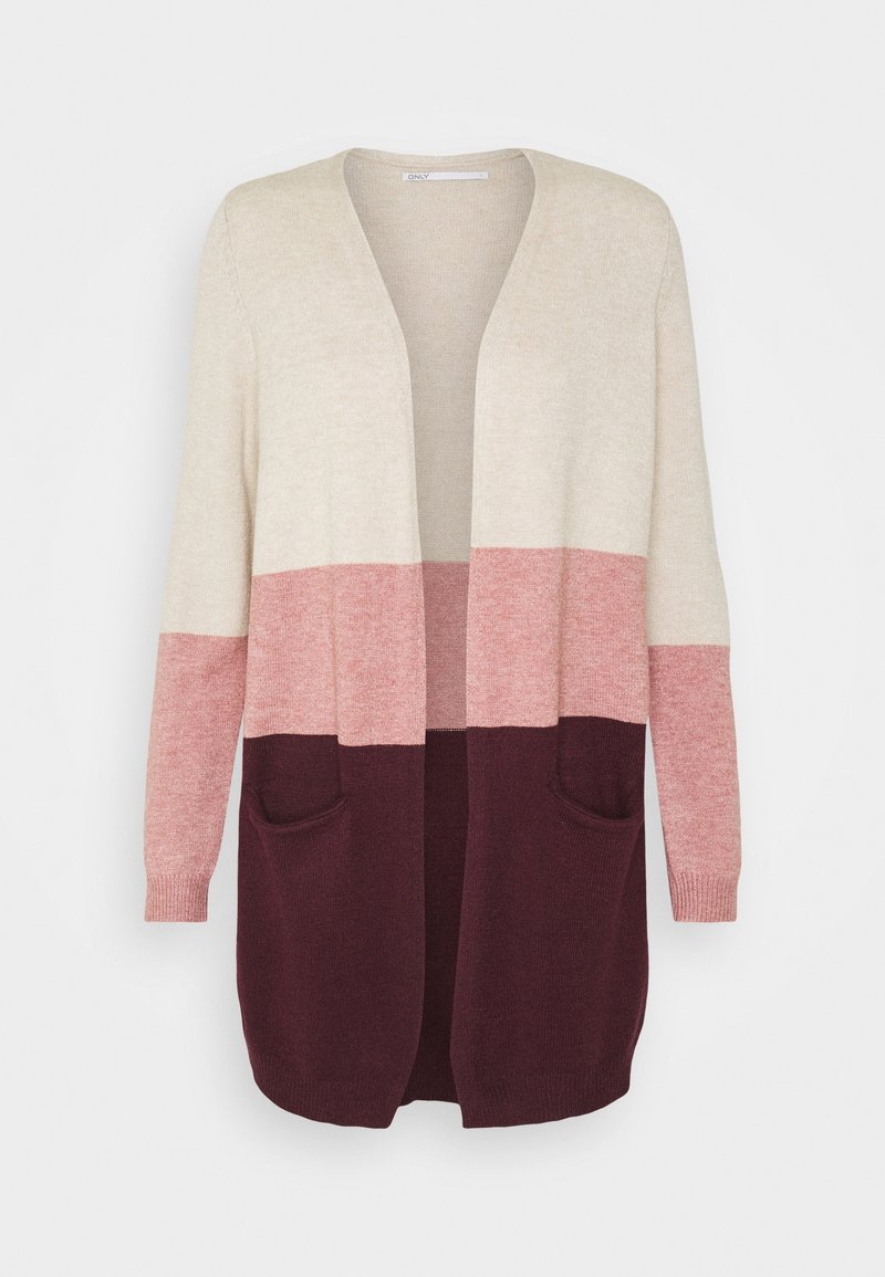Long, open-front cardigan featuring beige, pink, and burgundy color blocks. Knit material with two front pockets and ribbed cuffs.