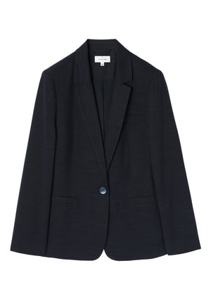 Navy blazer with a sleek design, notched lapels, a single button closure, and two front pockets. Textured fabric with a subtle sheen.