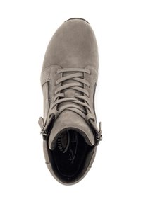 Gray suede ankle boot featuring laces, a side zip, and a textured upper with a cushioned insole and rounded toe.