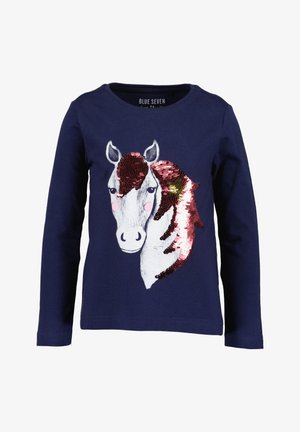 Chemise à manches longues bleu marine avec un motif de tête de cheval en sequins, joues roses et crinière aux nuances de rose et violet.