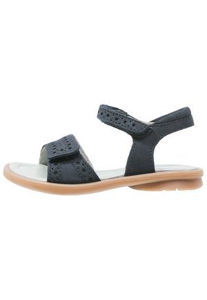 Sort sandal med åben tå, justerbare velcroremme og lys brun sål, designet til komfort og afslappet brug.