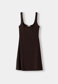 Brun ärmlös klänning med rundad halsringning, avslappnad passform och lätt utställd form. Tillverkad av mjukt, slätt tyg. Inga synliga mönster.