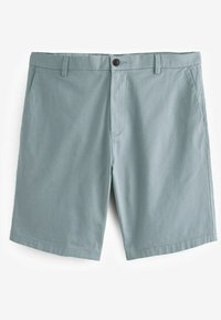 Pantalones cortos de color azul claro con un frente plano, dos bolsillos laterales y un cierre de botón. Fabricados con una tela suave y de textura lisa.