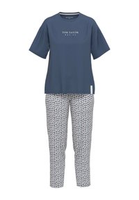 Navy blue cotton t-shirt with short sleeves and white text. Patterned trousers in navy and white with floral designs, slim fit.