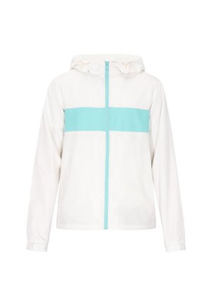 Hvid hættetrøje med en turquoise stribe på tværs af brystet. Har en lynlås foran, elastiske manchetter og en glat tekstur.