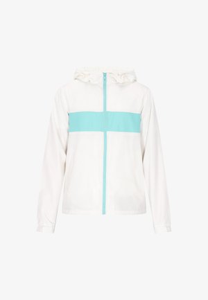 White hooded jacket with a turquoise stripe across the chest. Features a front zipper, elastic cuffs, and a smooth texture.