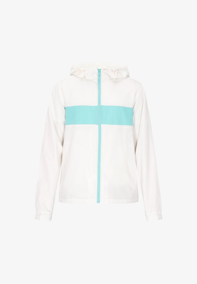 White hooded jacket with a turquoise stripe across the chest. Features a front zipper, elastic cuffs, and a smooth texture.