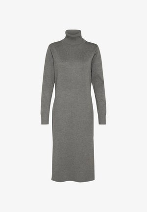 Szürke kötött ruha magas gallérral, hosszú ujjakkal és egyenes fazonnal. Az anyaga puha tapintású, és a térd közepéig ér.