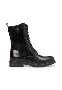 Black leather lace-up ankle boots with a glossy finish, round toe, sturdy sole, and metal eyelets. Includes a pull tab at the back.
