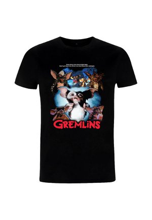 Zwarte katoenen t-shirt met een grafische print van Gremlins-personages en tekst, met een kleurrijk ontwerp en vet rood lettertype.