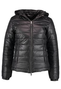 Zwarte gewatteerde jas met kap, voorzien van een ritssluiting, doorgestikt design en elastische manchetten. Gemaakt van glanzend, lichtgewicht materiaal.