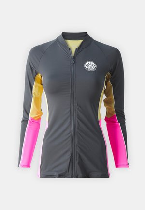 Dlhý rukáv rash guard v tmavo sivej farbe s žltými a ružovými bočnými panelmi. Obsahuje predný zips a kruhové logo na hrudi.
