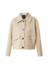 Beige zkrácená vlněná bunda s límcem, předním zapínáním na knoflíky, dvěma velkými klopovými kapsami a minimalistickými designovými prvky.