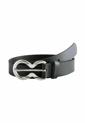Ceinture en cuir noir avec une boucle en forme d'infini distinctive en argent, texture lisse et design épuré. La largeur est uniforme sur toute la longueur.