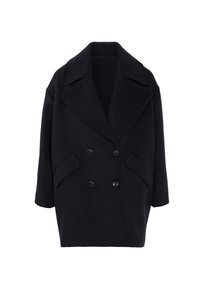 Cappotto doppiopetto in lana nera con ampio revers, due tasche anteriori e maniche corte. Il tessuto testurizzato e i dettagli dei bottoni sono visibili.