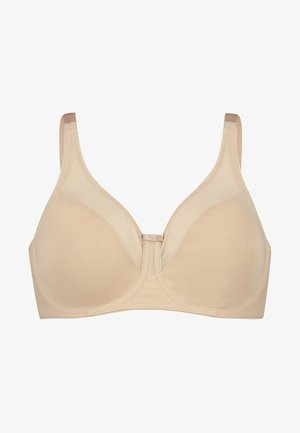 Beige bh van soepel, rekbaar materiaal. Beschikt over een haak- en oogsluiting, brede bandjes en naadloze cups voor ondersteuning en comfort.
