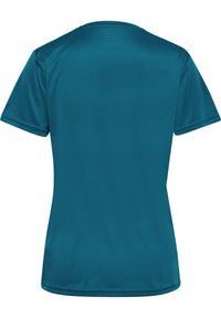 Kortärmad t-shirt i blågrönt med rund halsringning, tillverkad av slät, lättviktig tyg; inga synliga mönster eller detaljer.