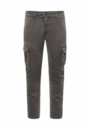 Szare spodnie cargo wykonane z mieszanki bawełny, z bocznymi kieszeniami, dopasowanym krojem oraz gładką teksturą i minimalnymi detalami przeszyć.